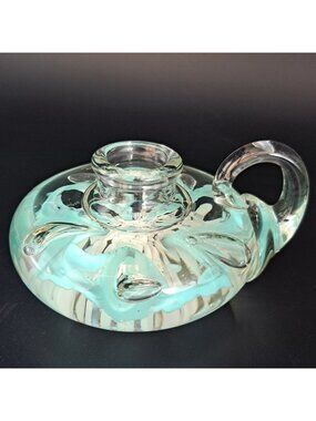 Handcrafted Glass Candle Holder Paperweight With Floral Design & Handle